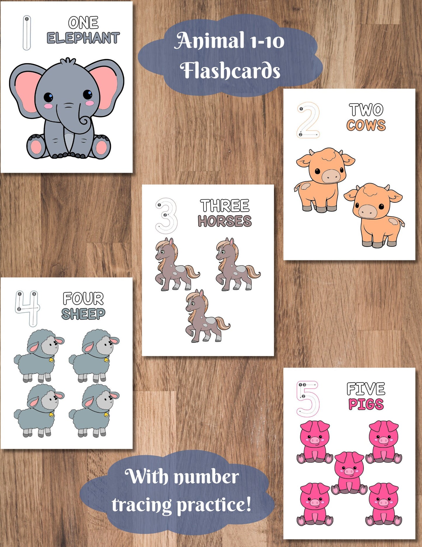 Animal Number Flash Cards (1–10) Printable PDF